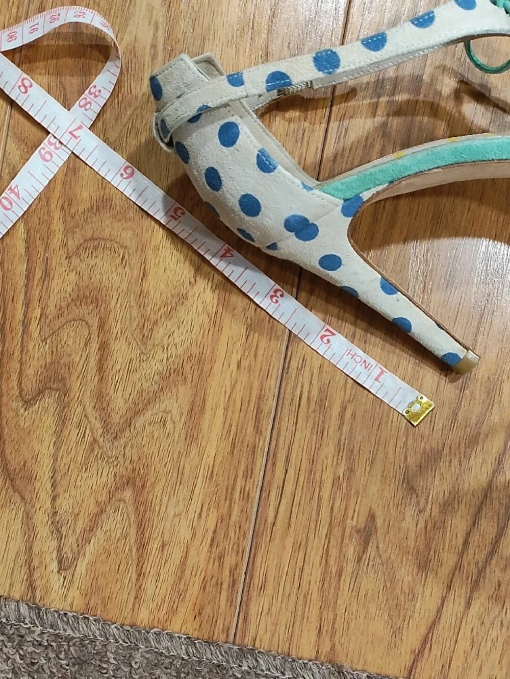 Boden White Pointed-Toe Polka Dot Heels with Blue Dots and Teal Ankle Tie
